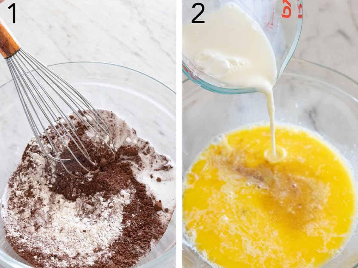 Set of two photos showing dry ingredients whisked and wet ingredients combined.