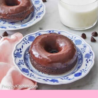 Pinterest graphic of two plates with chocolate donuts on the by a glass of milk.