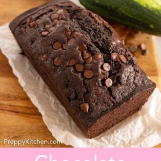 Pinterest graphic of an uncut loaf of chocolate zucchini bread by a zucchini.