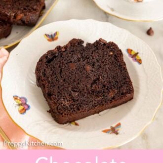 Pinterest graphic of a plate with a slice of chocolate zucchini bread.