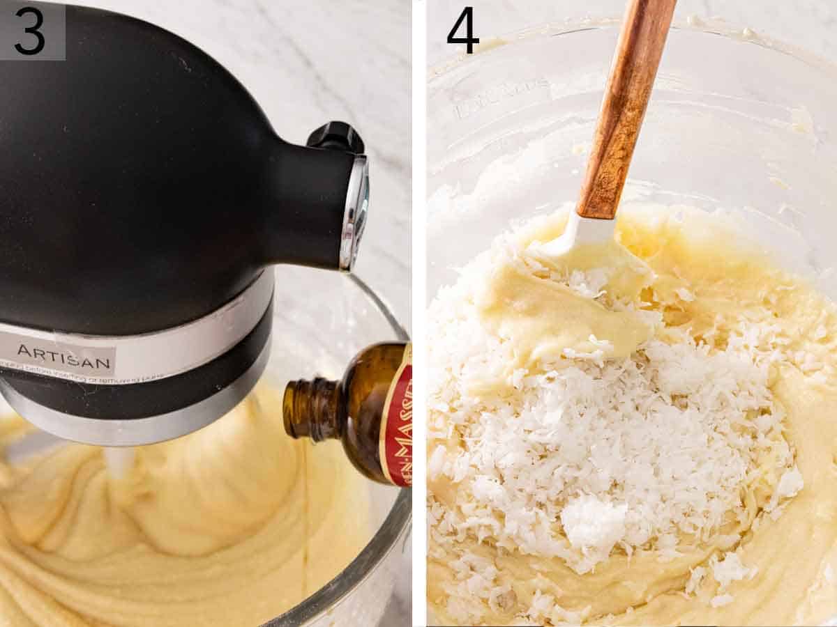 Set of two photos showing vanilla extract added to the mixer and shredded coconut folded in.