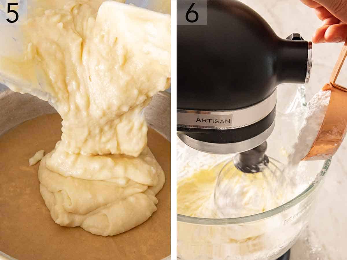Set of two photos showing batter poured into a prepared pan and frosting being mixed.