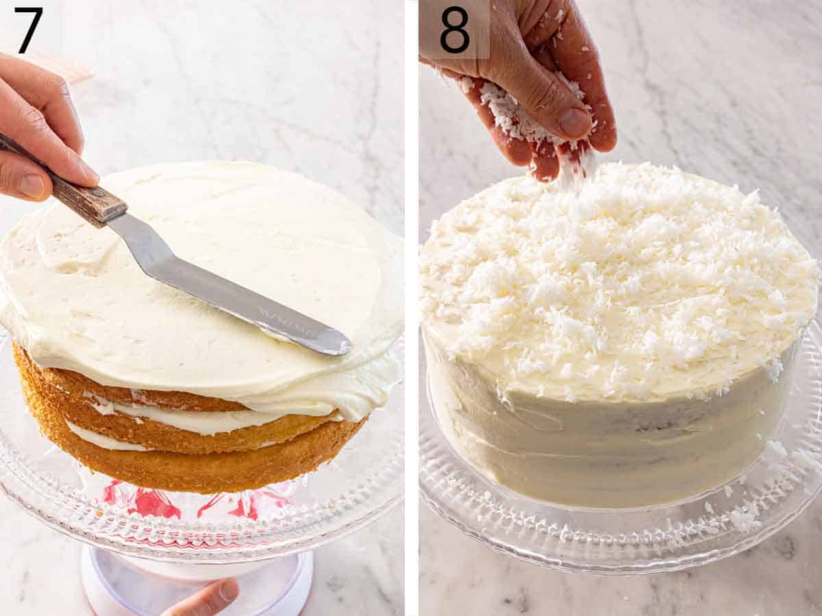 Set of two photos showing a cake frosted and topped with shredded coconut.