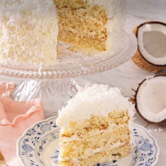 Pinterest graphic of a slice of coconut cake on a plate in front the rest of the cake.