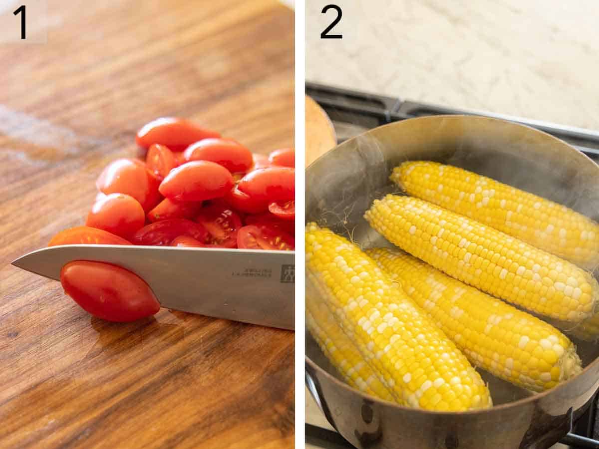 Set of two photos showing tomatoes cut and corn in a pot.