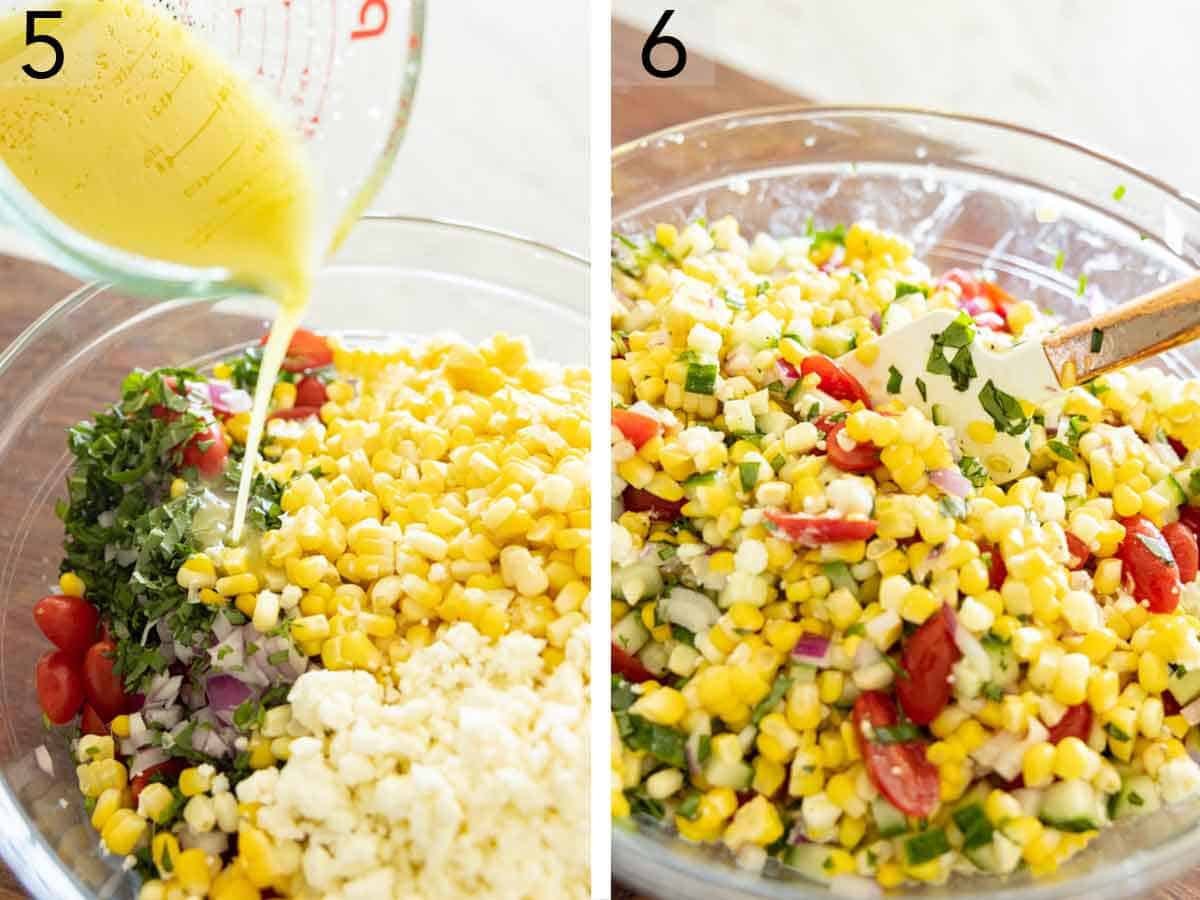 Set of two photos showing dressing added to the bowl of ingredients then mixed together.