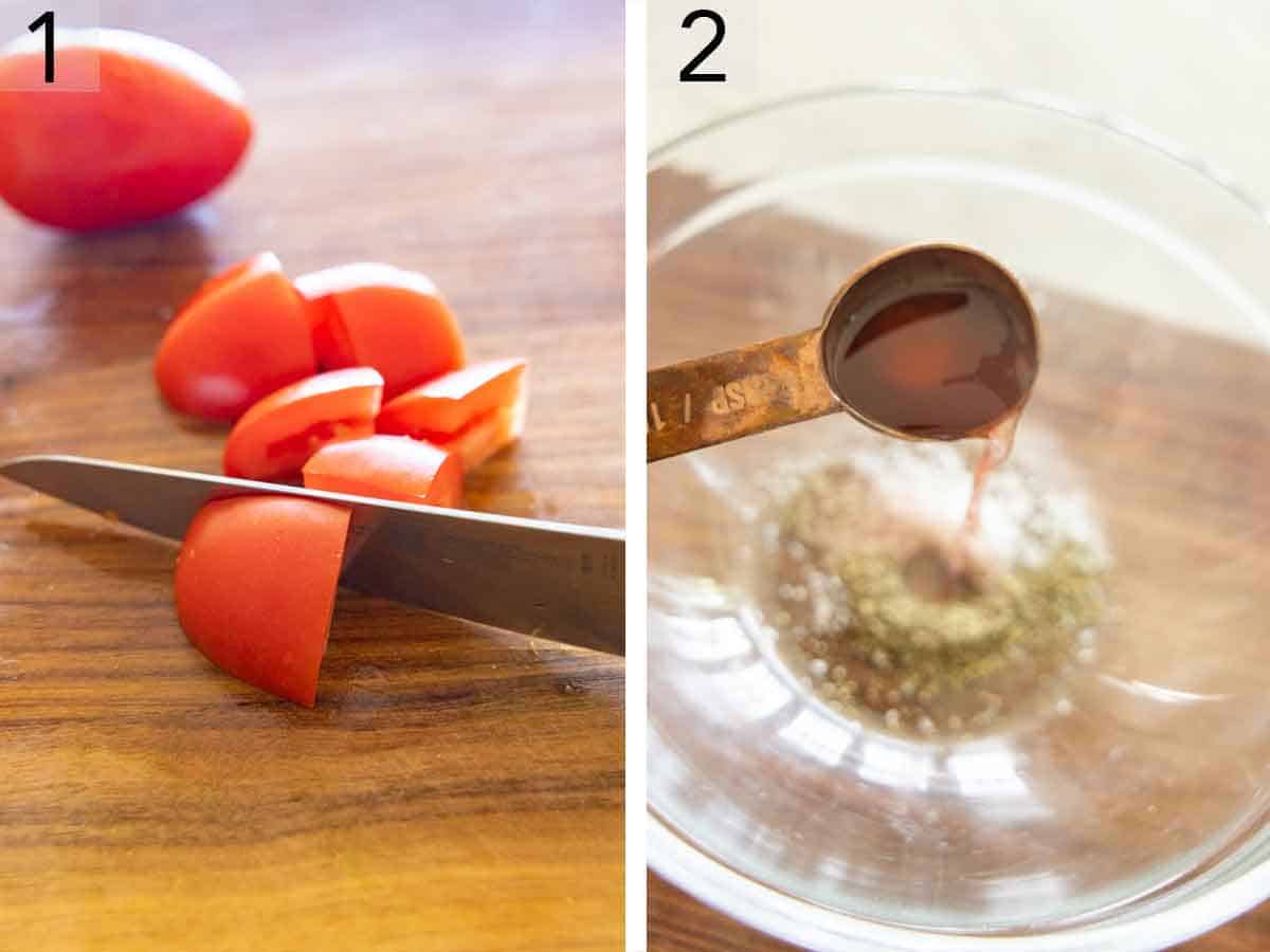 Set of two photos showing tomatoes diced and red wine vinegar added to a bowl.