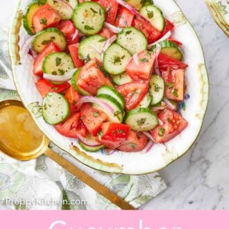Pinterest graphic of an overhead view of a platter of cucumber tomato salad with a serving spoon off on the side.