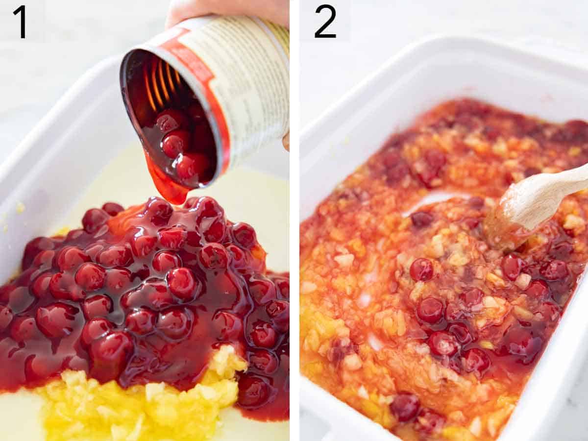 Set of two photos showing cherry pie filling poured over crushed pineapple then mixed.