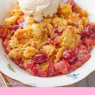 Pinterest graphic of a close view of a bowl with a serving of dump cake with a scoop of ice cream on top.