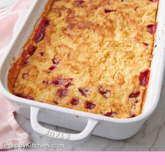 Pinterest graphic of dump cake baked in a white baking dish.