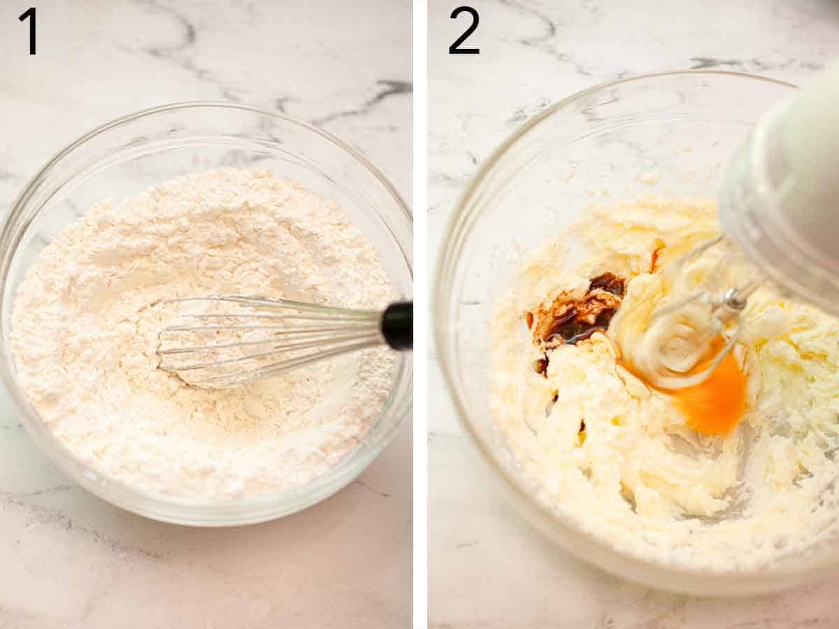 Set of two photos showing dry ingredients whisked and creamed butter beaten with an egg and vanilla.