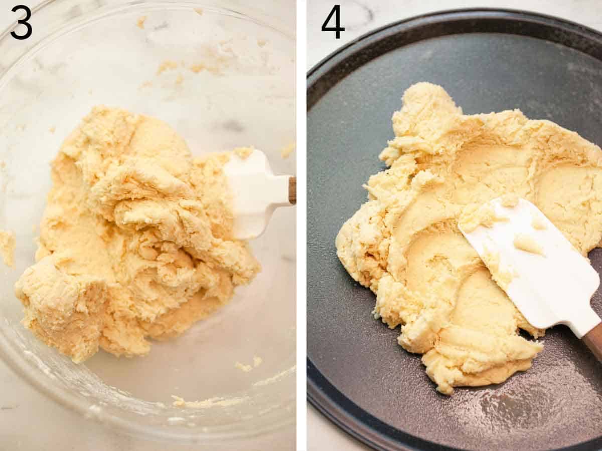 Set of two photos showing sugar cookie crust dough mixed and spread onto a prepared pan.