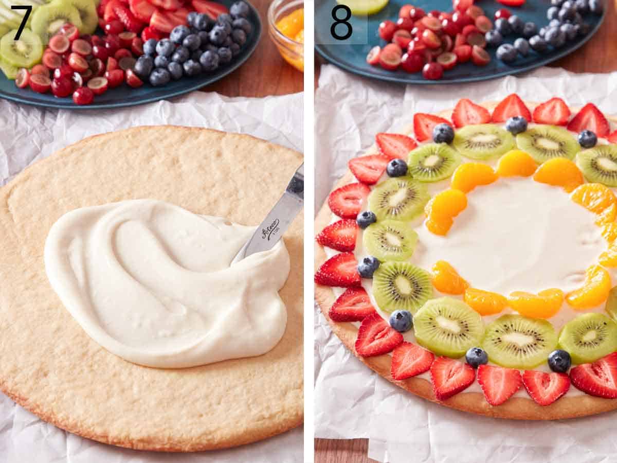 Set of two photos showing cream cheese toping spread on top of the crust and fruit added to the top.
