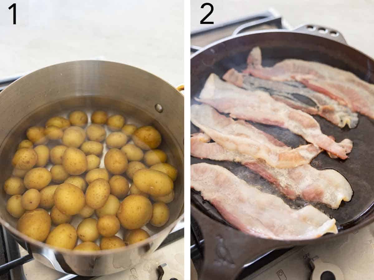 A set of two photos showing potatoes added in water and bacon added to a skillet
