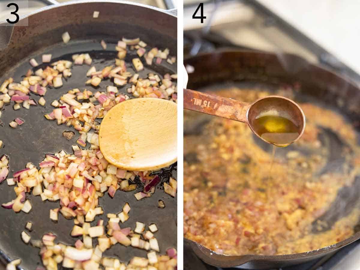 Set of two photos showing onions sautéed and oil added to the skillet.