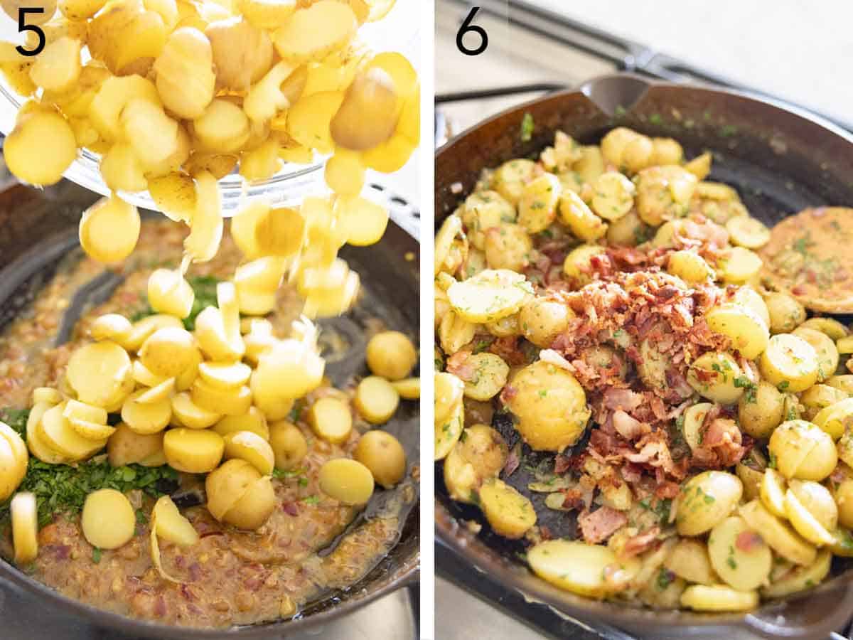 Set of two photos showing potatoes added to the skillet and everything stirred together.