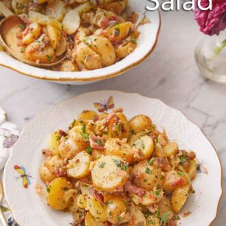 Pinterest graphic of a plate of German potato salad with a platter in the background.
