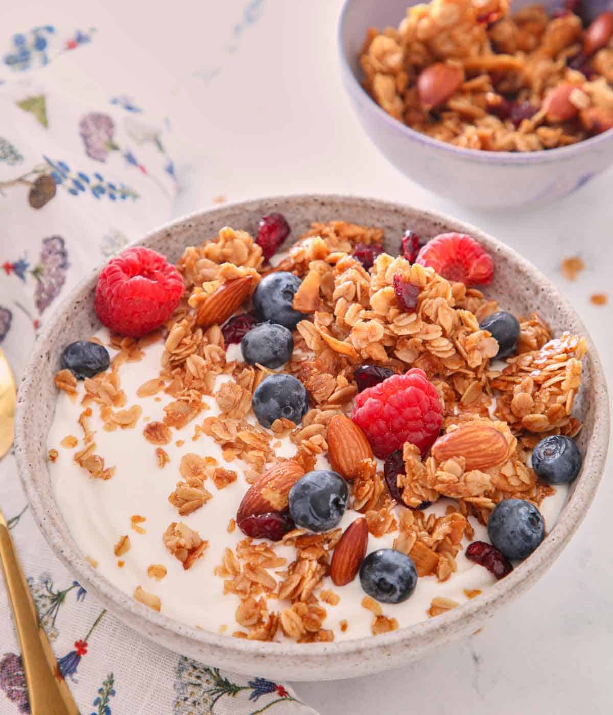 A bowl of yogurt with granola and fresh fruit on top.