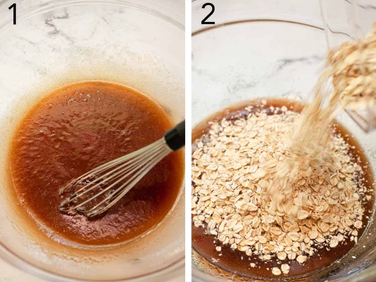 Set of two photos showing liquid ingredients whisked and rolled oats poured in.