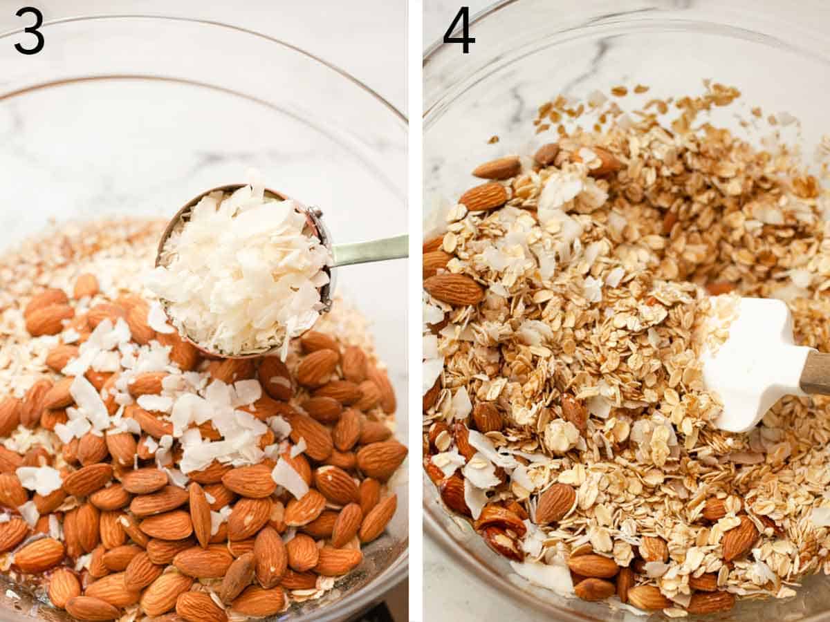 Set of two photos showing almonds and coconut flakes added to the bowl of oats then stirred to combine.