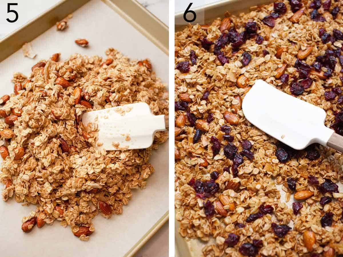 Set of two photos showing granola added to a sheet pan and dried cranberries added.