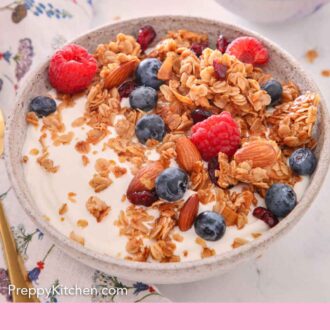 Pinterest graphic of a yogurt bowl with granola and fresh fruit on top.