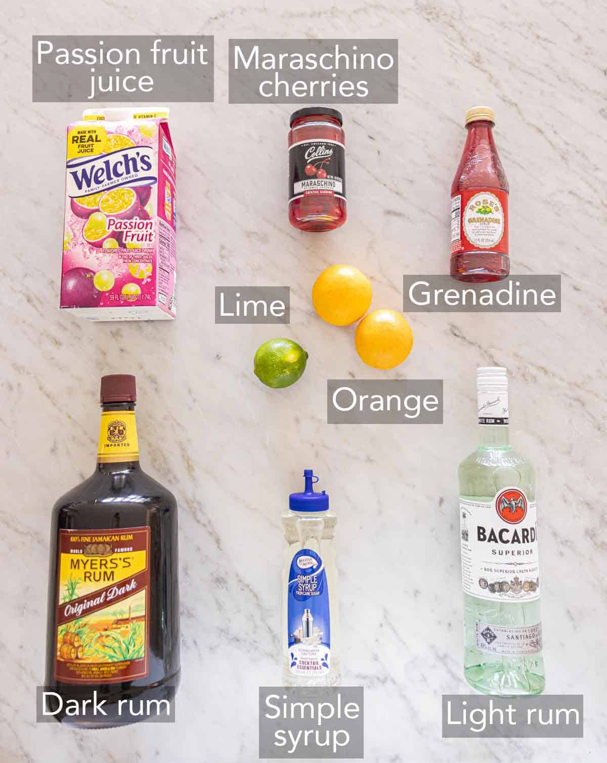 Ingredients needed to make a hurricane drink.