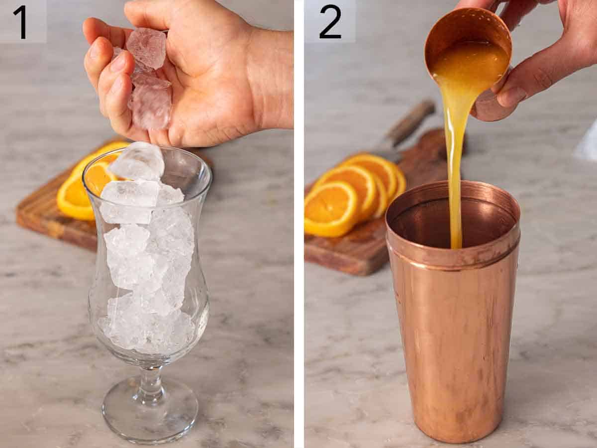 Set of two photos showing ice added to a glass and passion fruit juice added to a shaker.