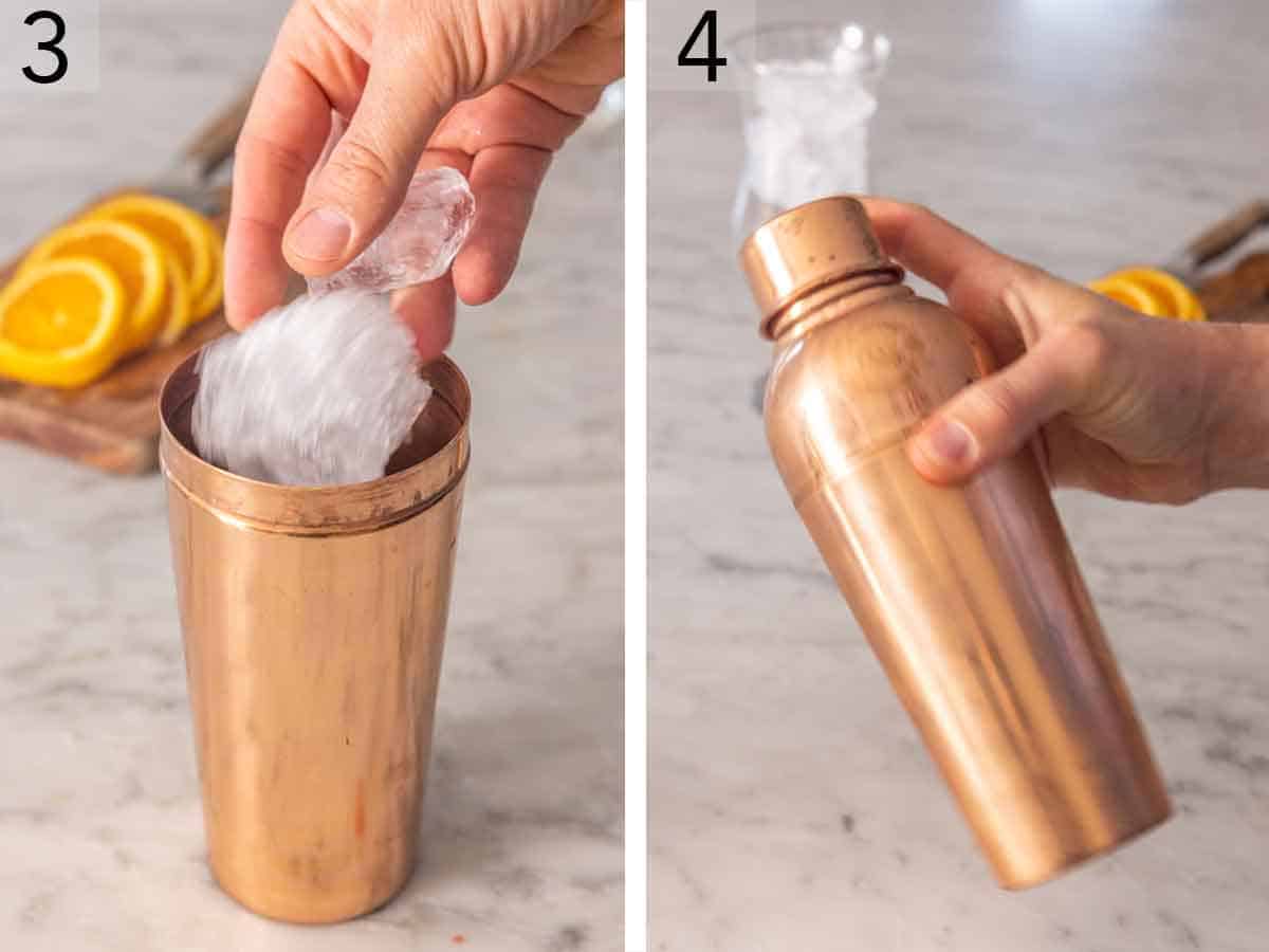 Set of two photos showing ice added to a shaker then shook.