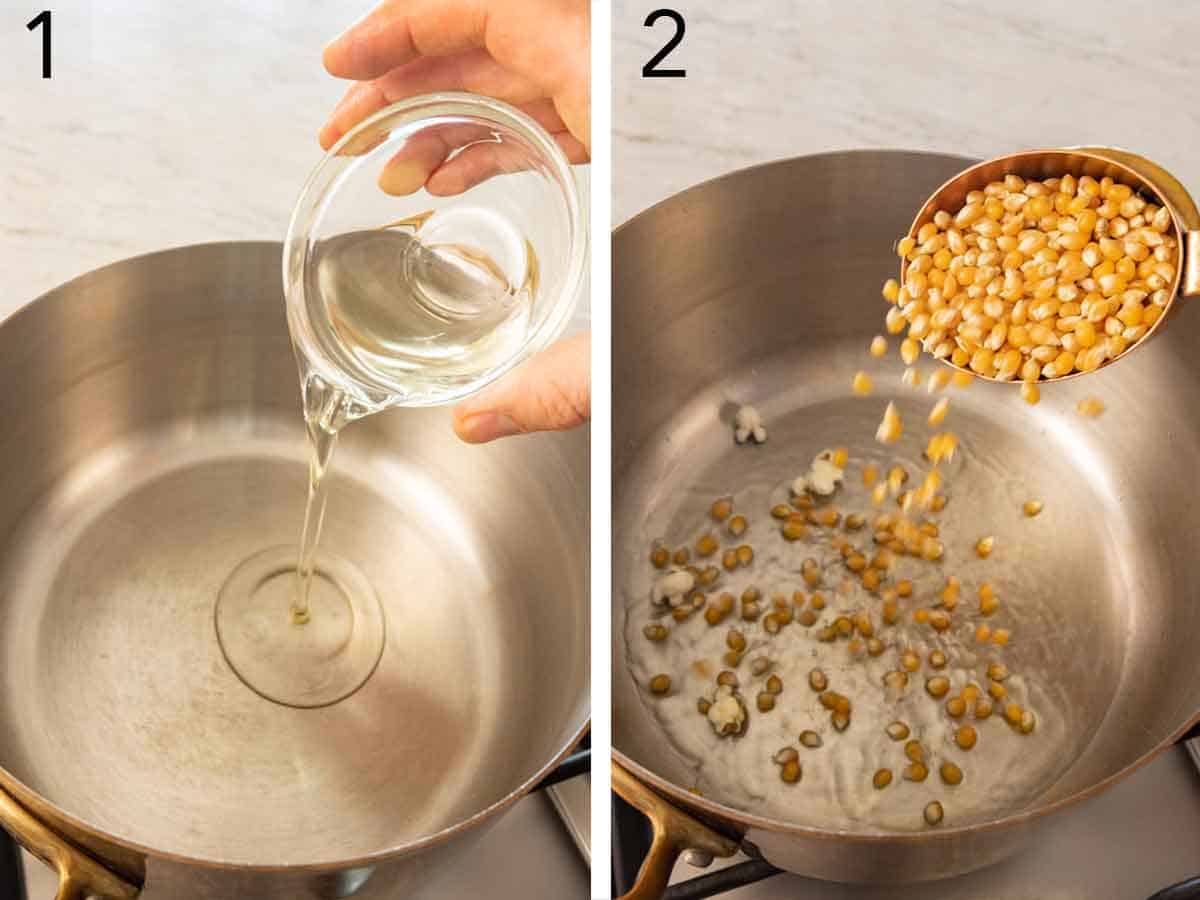 Set of two photos showing oil and kernels added to a pan.