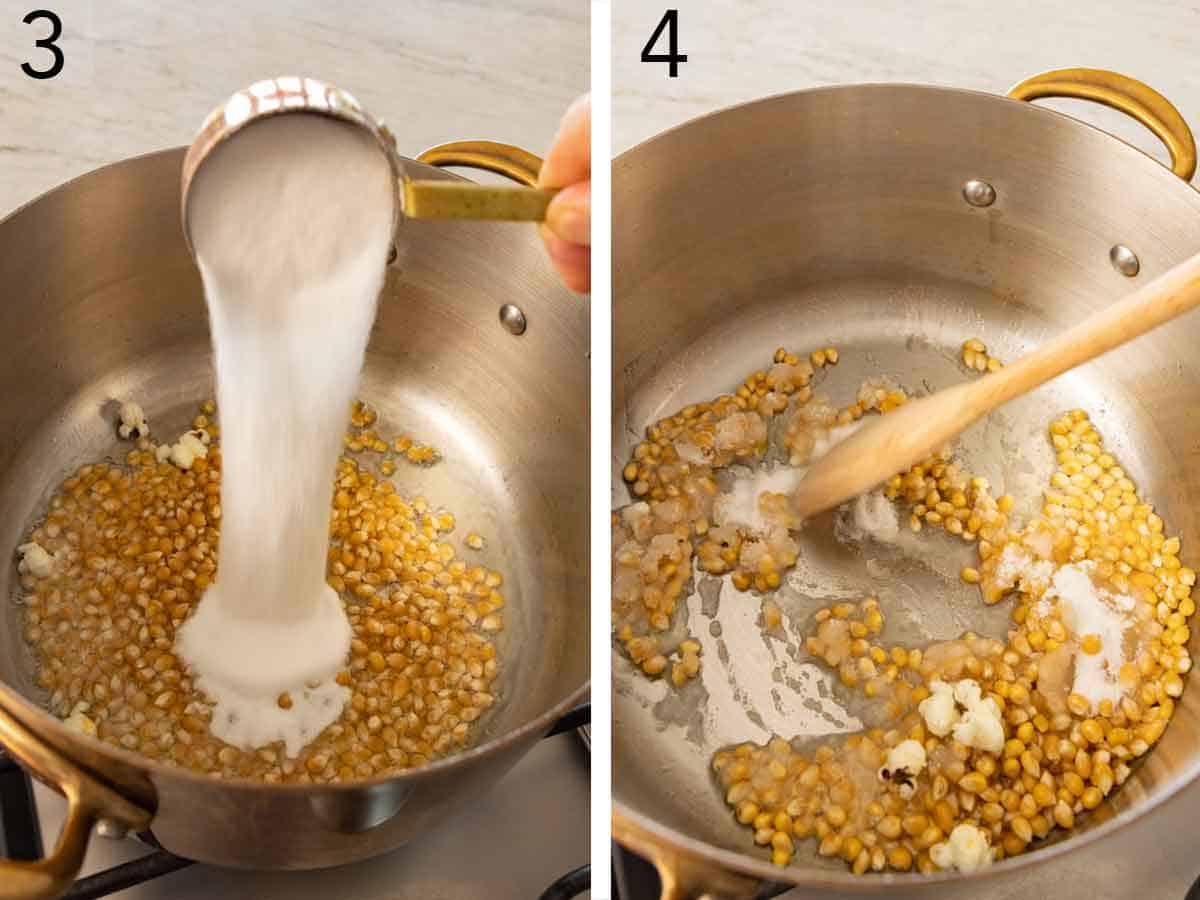 Set of two photos showing sugar added to the pot and stirred.