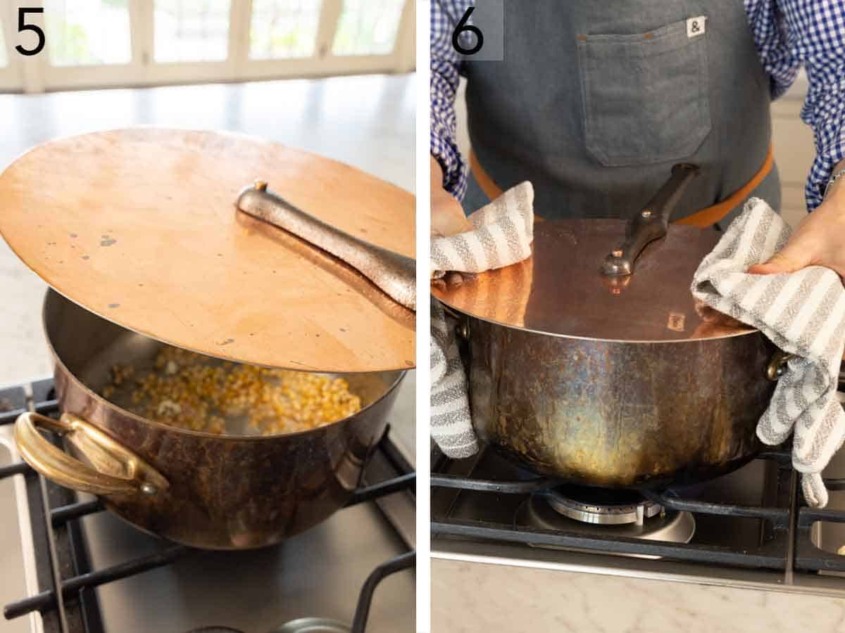 Set of two photos showing corn covered and popping in the pot.