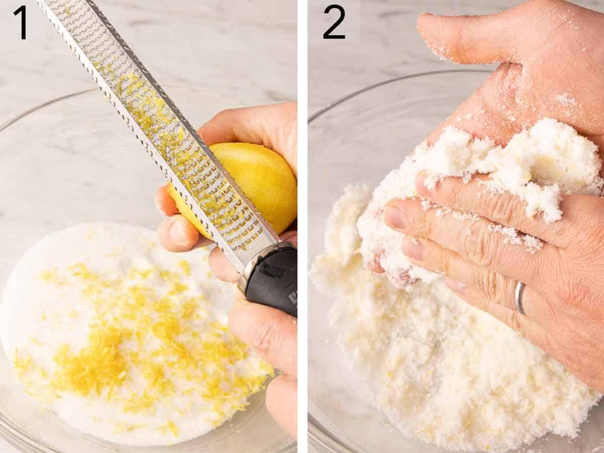 Set of two photos showing a lemon zested and rubbed into sugar.