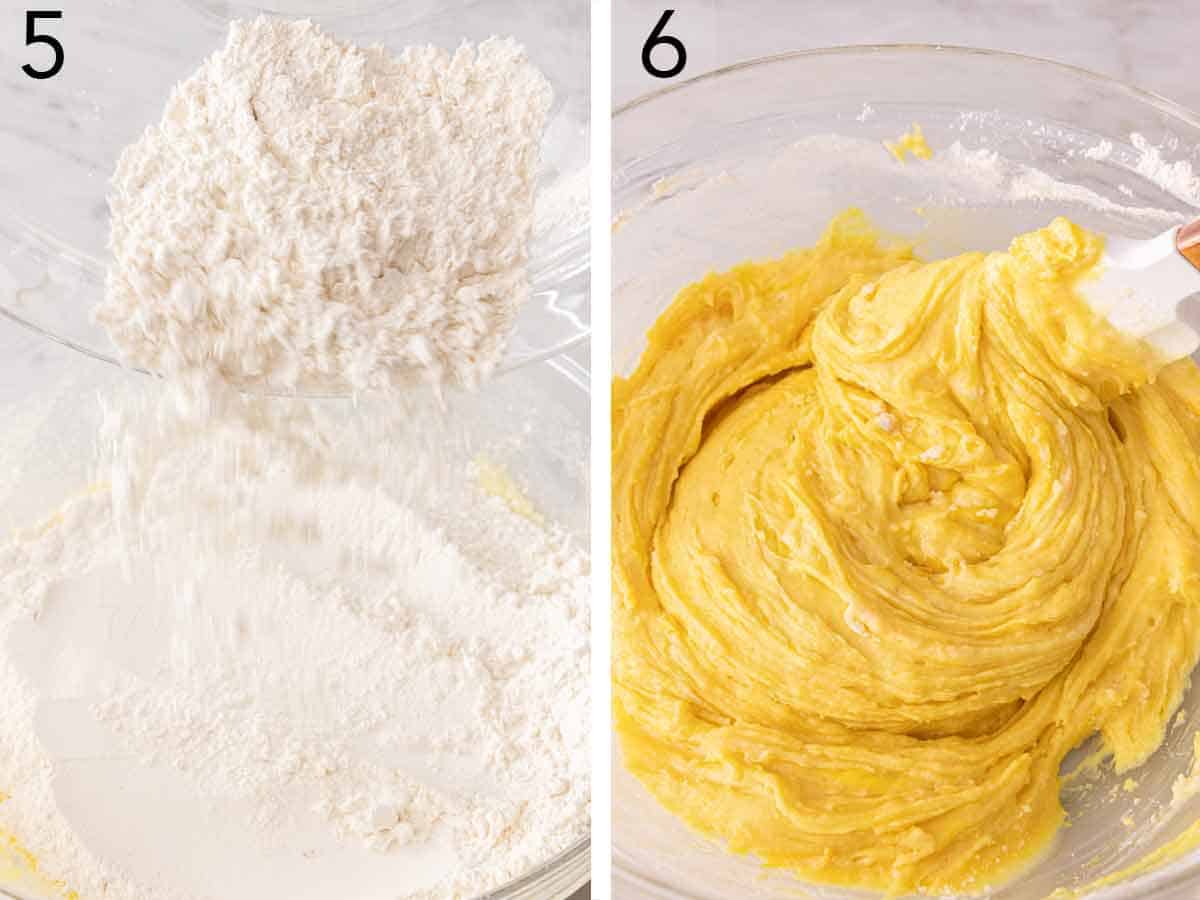 Set of two photos showing flour added to the mixture and combined.