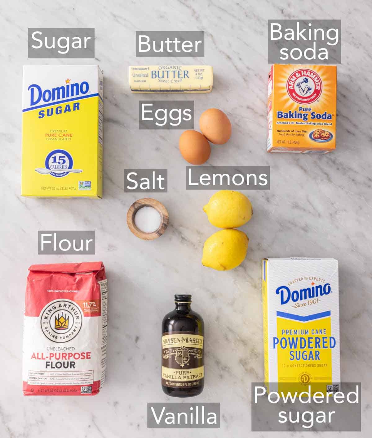 Ingredients needed to make lemon crinkle cookies.