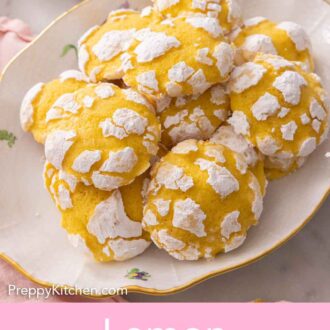 Pinterest graphic of a platter of lemon crinkle cookies.
