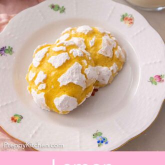 Pinterest graphic of a plate with two lemon crinkle cookies.