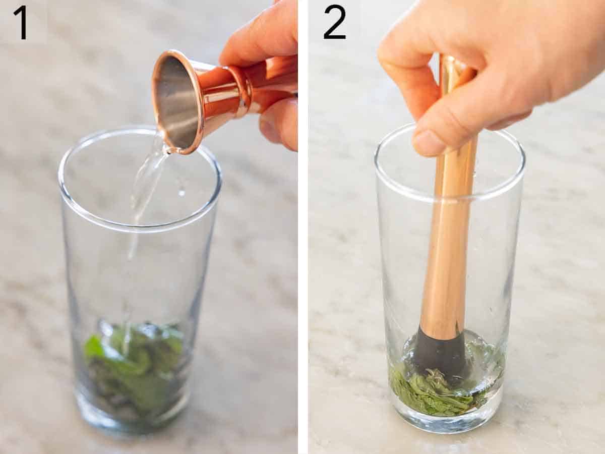 Set of two photos showing simple syrup added to a glass of mint then muddled.