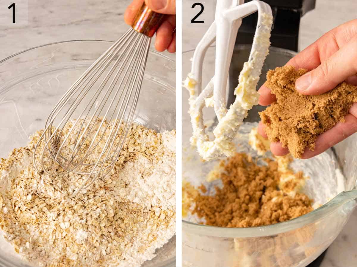 Set of two photos showing dry ingredients whisked and butter creamed with sugars.