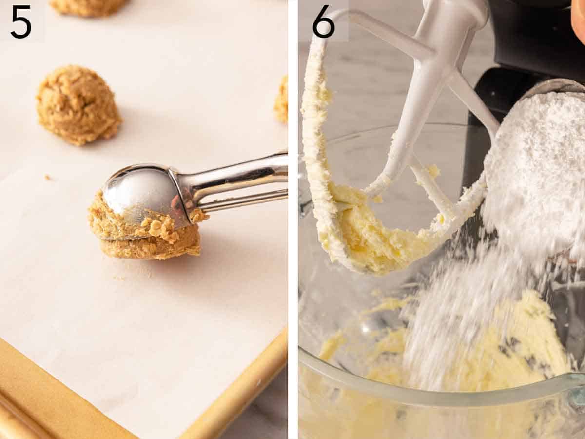 Set of two photos showing oatmeal cream pie batter scooped onto a sheet pan and filling being made in a mixer.
