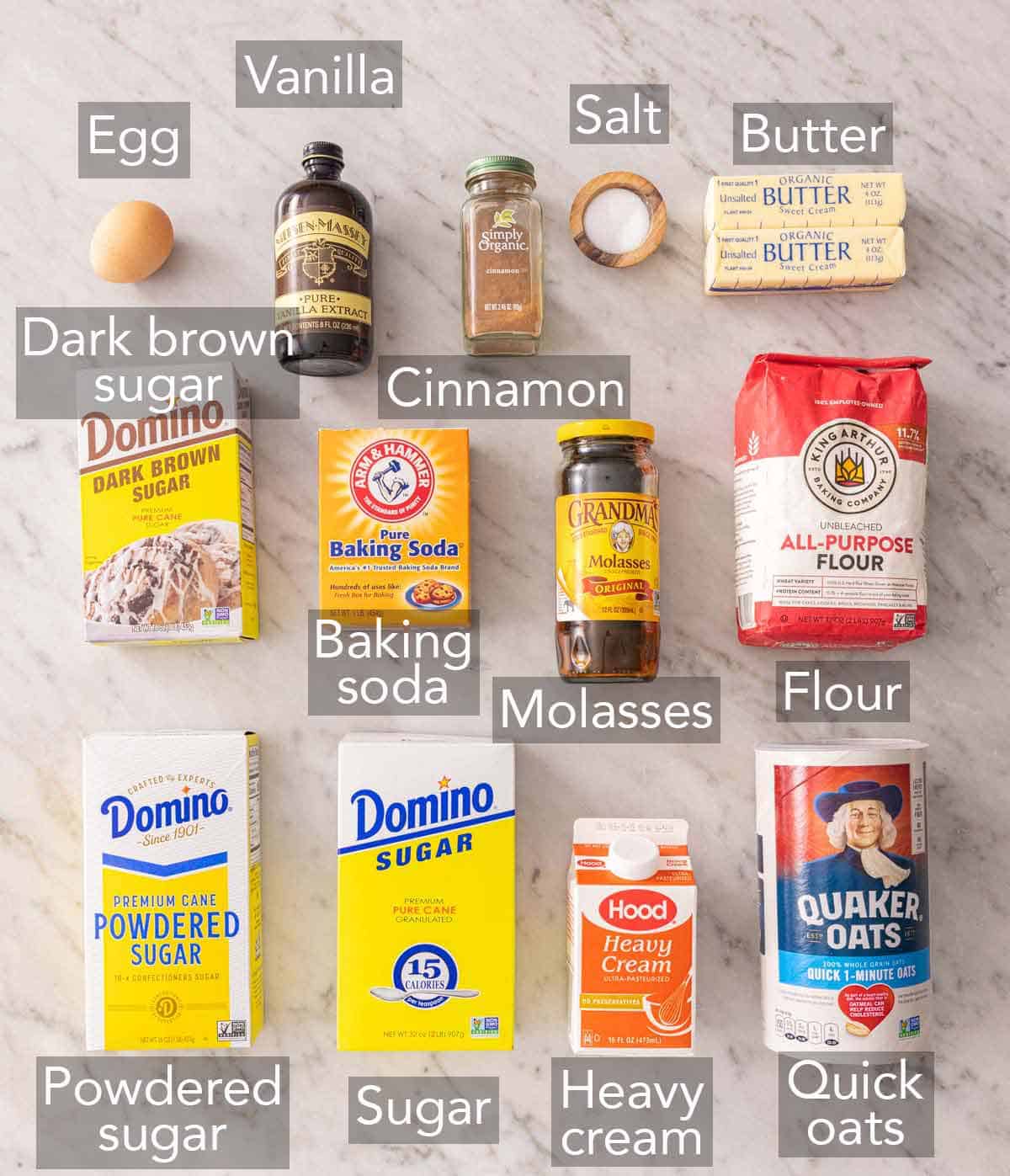 Ingredients needed to make oatmeal cream pie.
