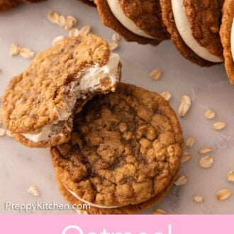 Pinterest graphic of multiple oatmeal cream pies with one with a bite taken out, stacked on another oatmeal cream pie