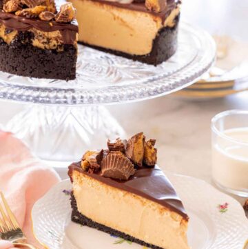 A slice of peanut butter cheesecake on a plate in front of a cake stand with the rest of the cake.
