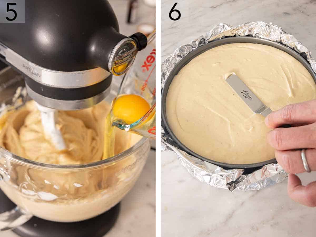 Set of two photos showing eggs added to the mixer and batter added to the springform pan.