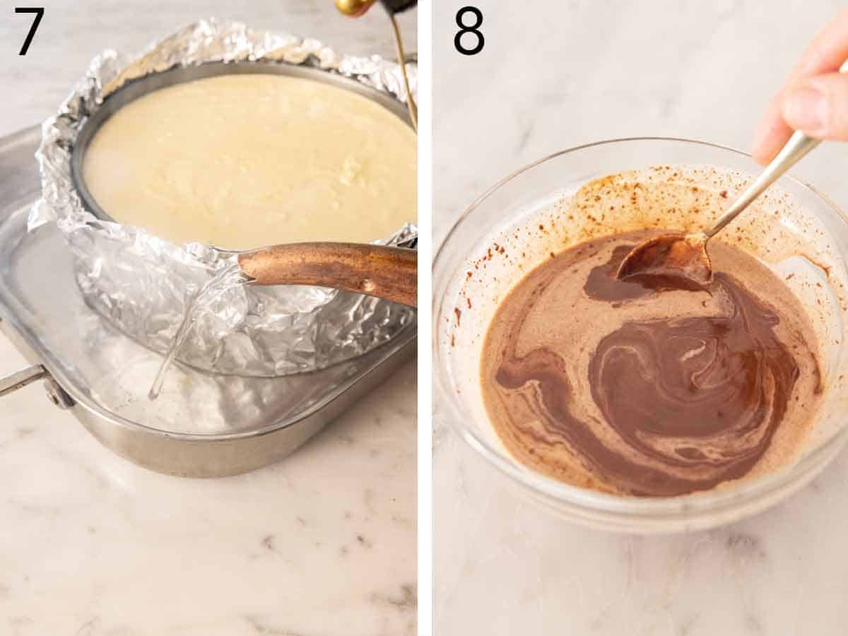 Set of two photos showing the cake placed in a water bath and ganache mixed in a bowl.