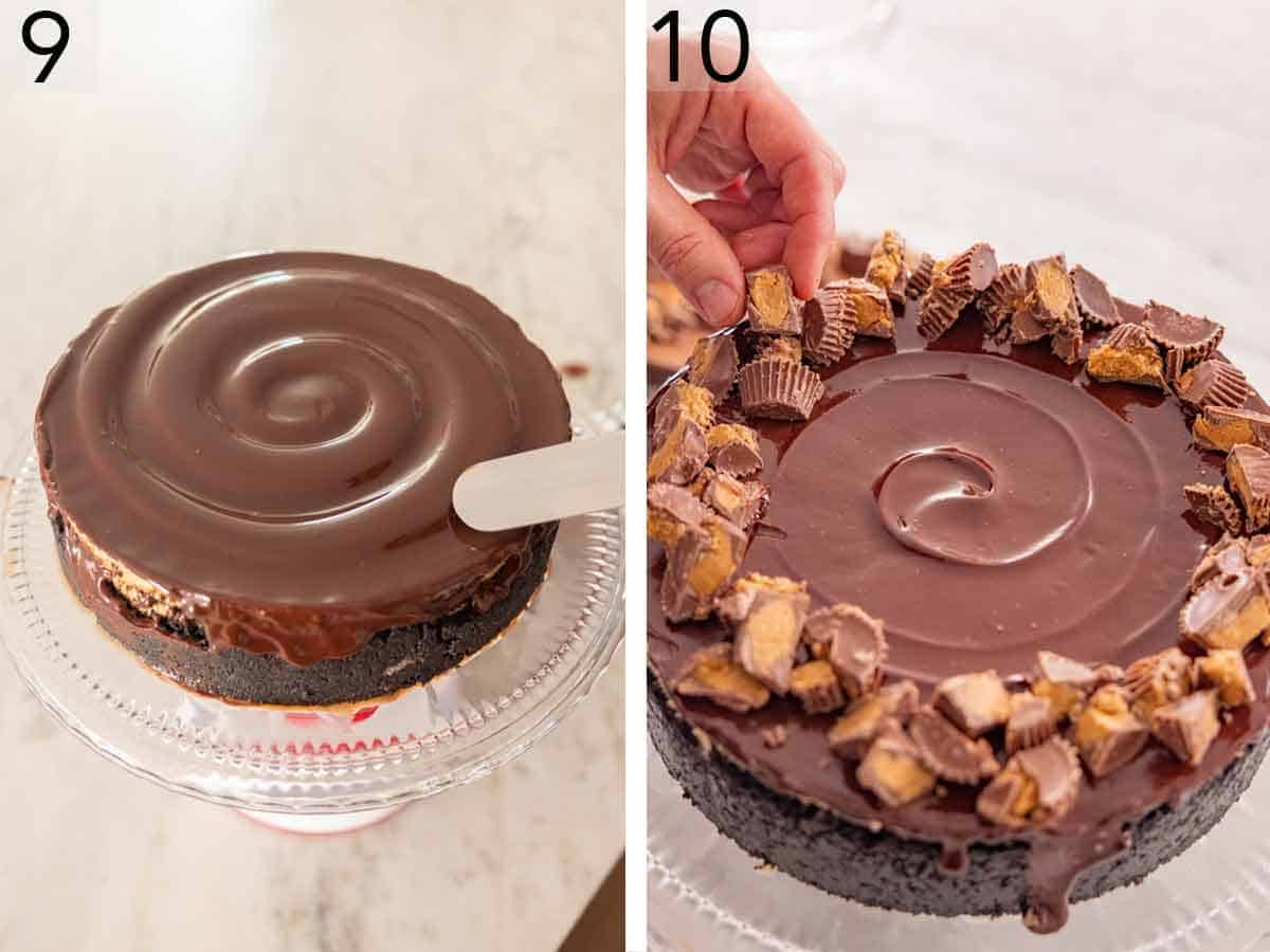 Set of two photos showing ganache spread on top of the cake and topped with chopped peanut butter cups.
