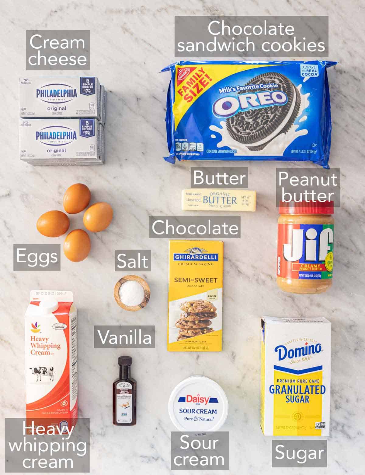 Ingredients needed to make peanut butter cheesecake.