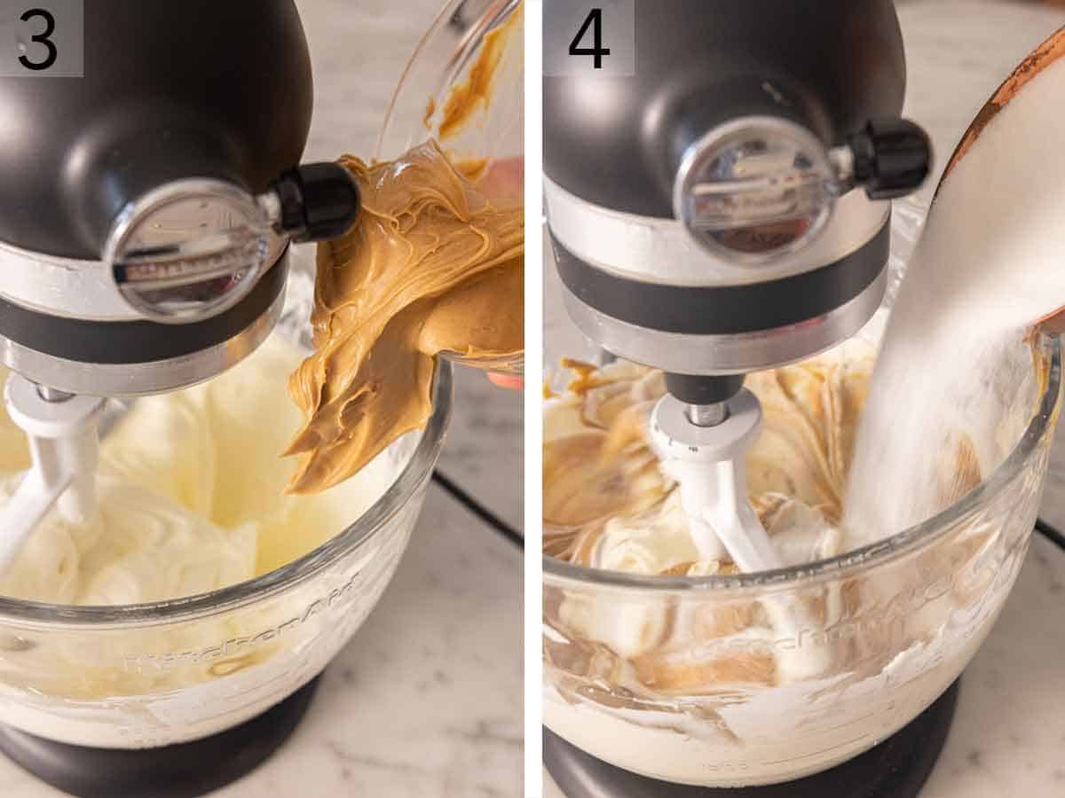 Set of two photos showing peanut butter and sugar added to a mixer.