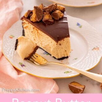 Pinterest graphic of a plate with a slice of peanut butter cheesecake with the tip on a fork.